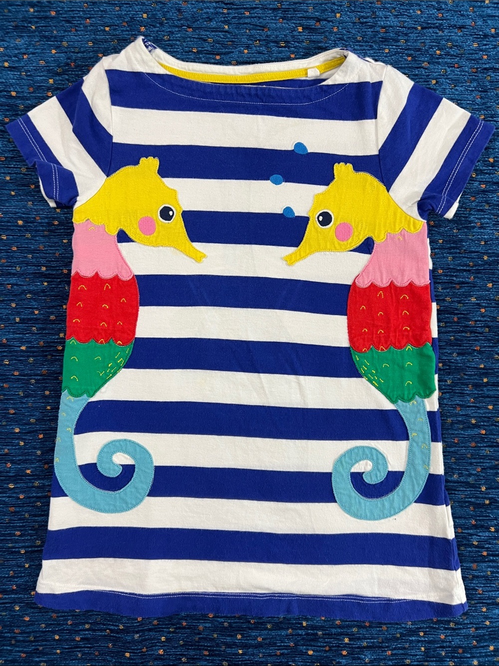 Mini Boden Blue & White Striped Seahorse Applique Tee size 6/7